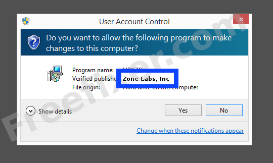 Screenshot where Zone Labs, Inc appears as the verified publisher in the UAC dialog